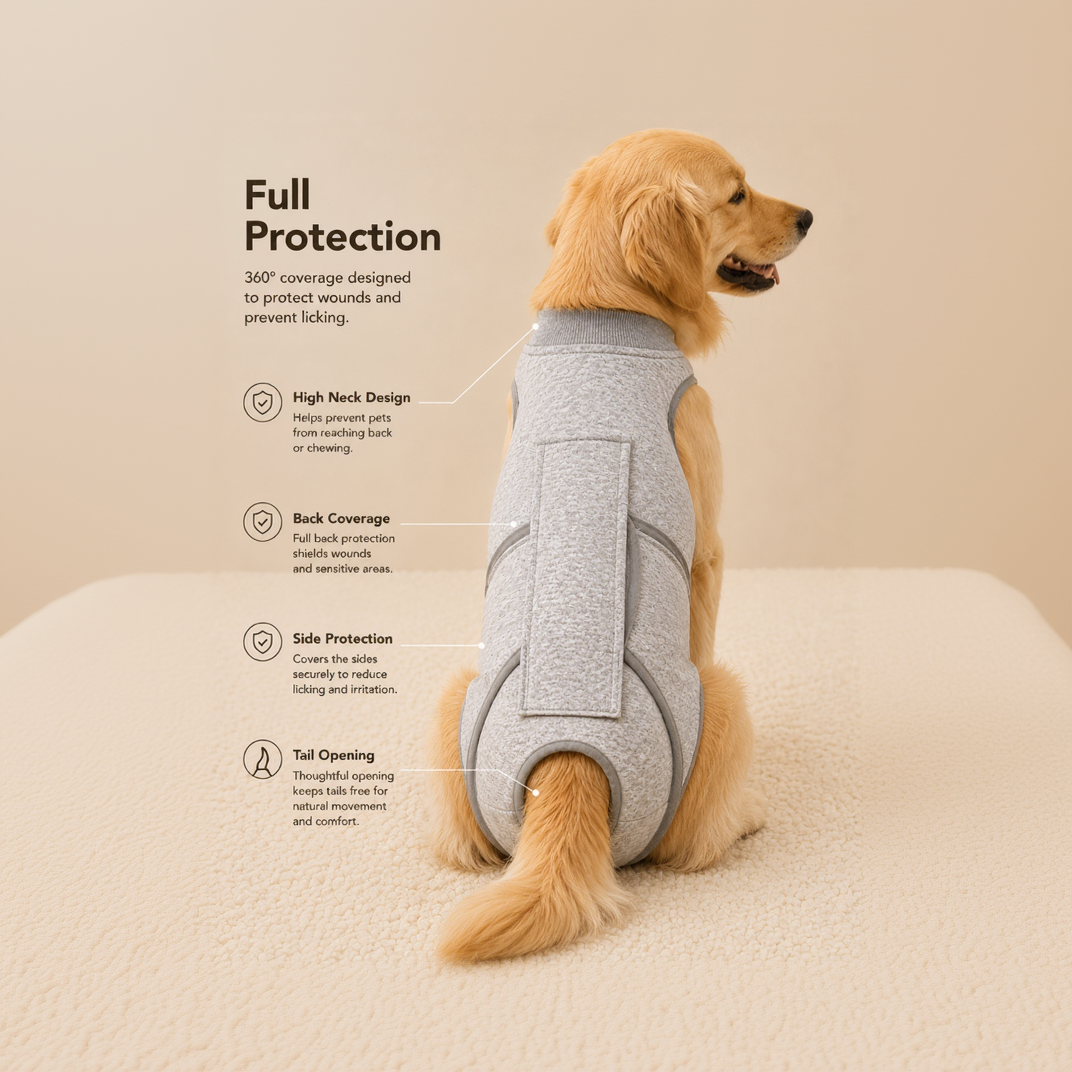Gray dog recovery suit shown on a golden retriever, with labels for the high neck, back coverage, and tail opening for after-surgery protectionGray dog recovery suit shown on a golden retriever, with labels for the high neck, back coverage, and tail opening for after-surgery protection