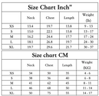 Dog recovery suit size chart in inches and cm, with neck, chest, length, and weight for XS to XL