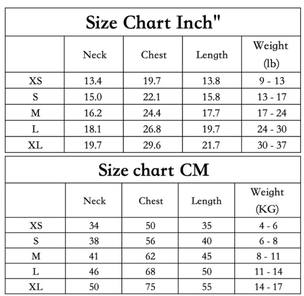Dog recovery suit size chart in inches and cm, with neck, chest, length, and weight for XS to XL
