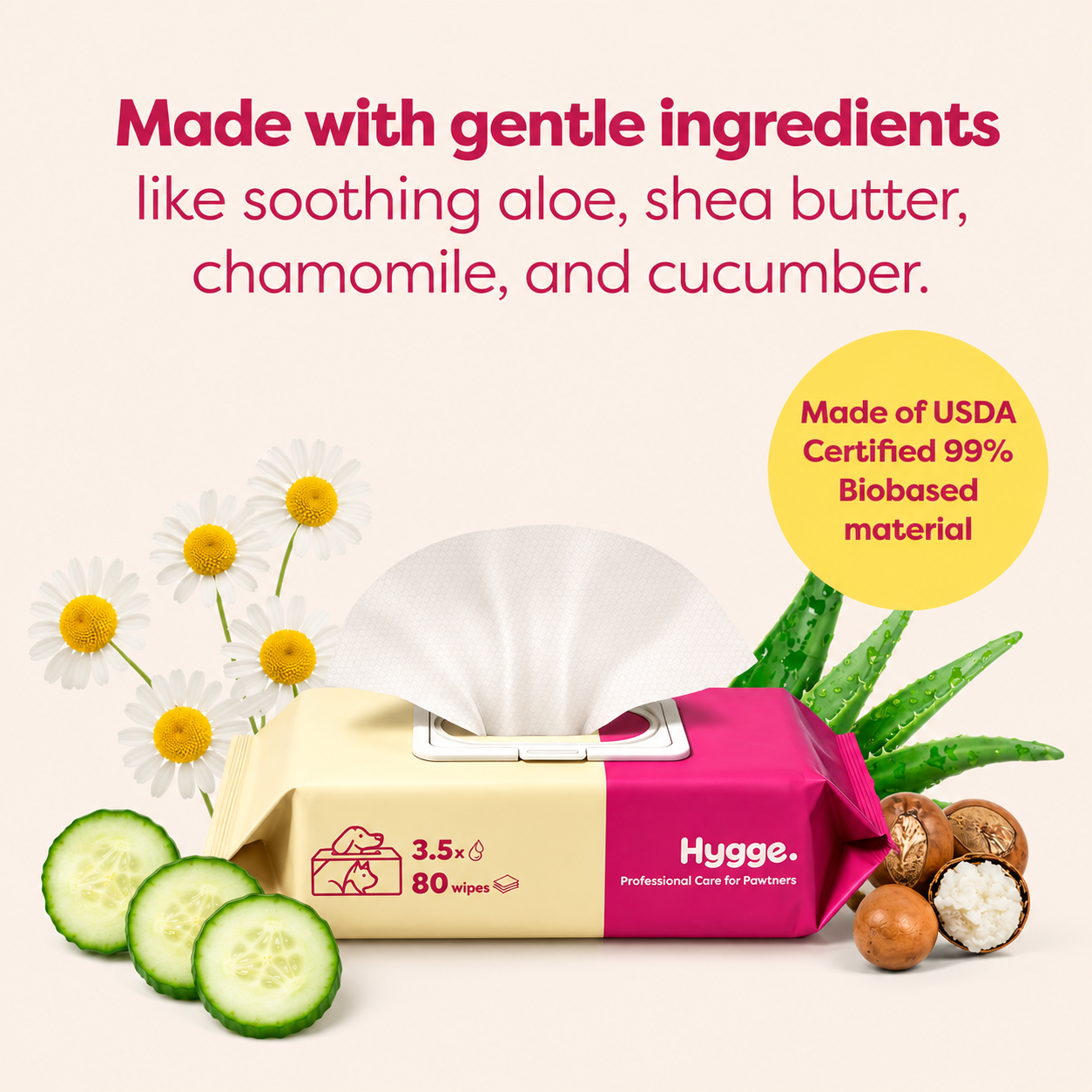 Plant-based unscented pet wipes with aloe and chamomile, USDA certified biobased material