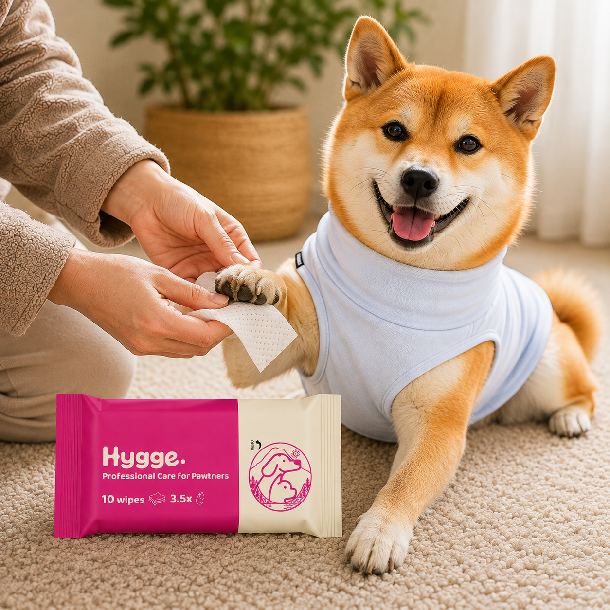 Shiba Inu in a light blue vest with Hygge dog paw wipes travel size 10 count pack.