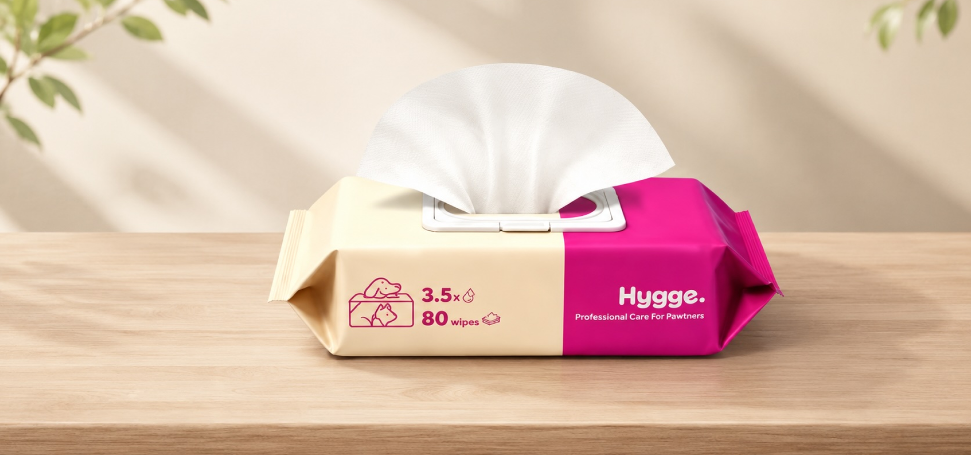 Hygge dog grooming wipes pack with a wipe pulled out.