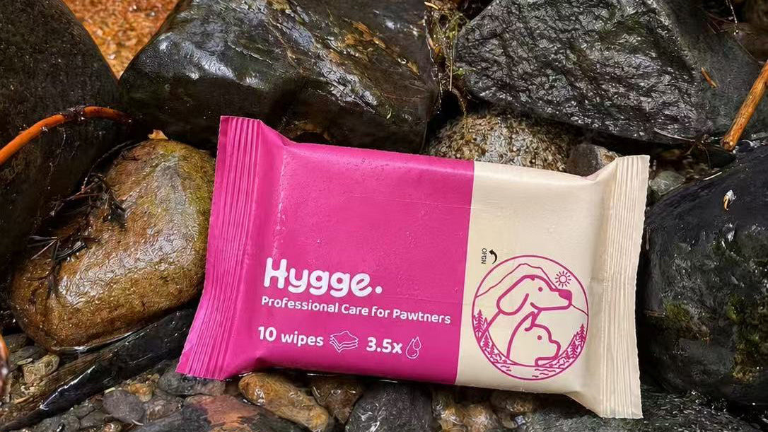 Pocket size dog wipes pack resting on rocks outdoors, easy to carry on hikes and walks